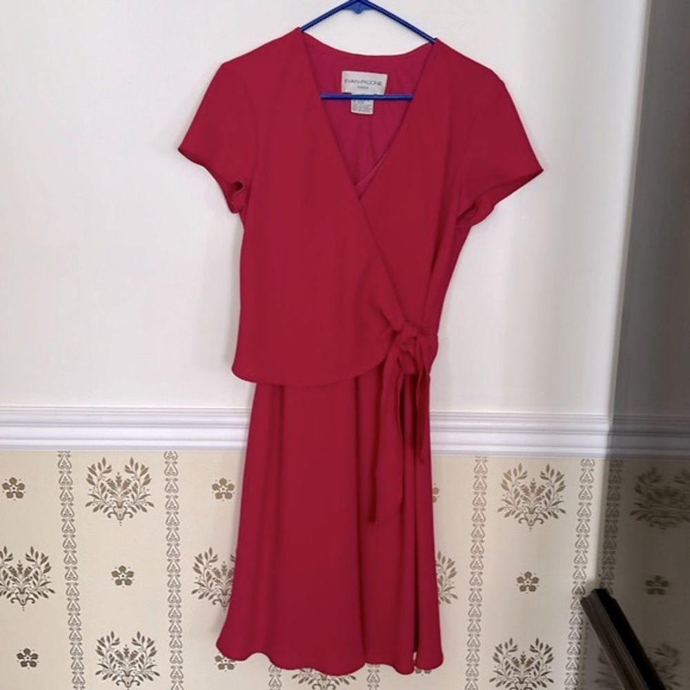 Evan Picone Midi Wrap Dress Pink 10 Short Sleeve V-Neck Fully Lined